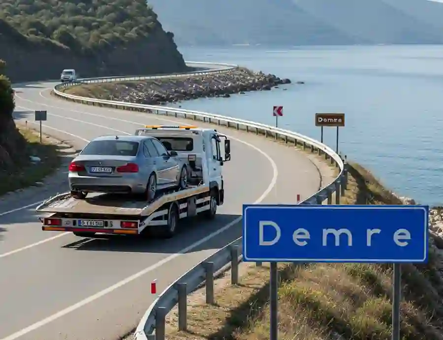 Demre - Finike'de çekici üzerinde araç Demre - Finike'de çekici üzerinde araç